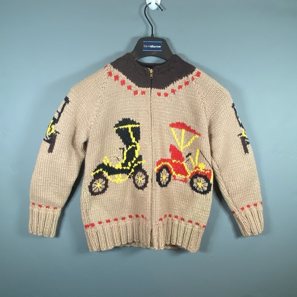 Vintage Cowichan Style Kids Sweater Jacket Lined Full Zip Antique Cars Size M